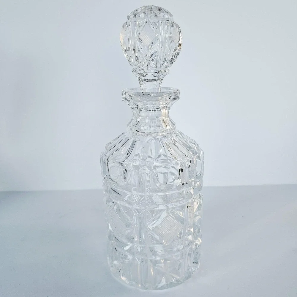 Vintage MCM Heavy Lead Crystal Liquor Decanter Starburst Diamond Pattern Barware